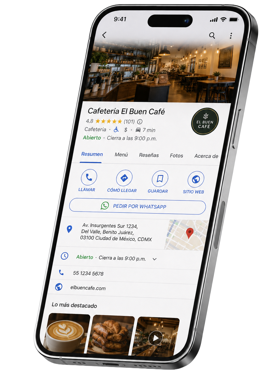 Teléfono mostrando el Perfil de Empresa en Google de una cafetería, con reseñas, calificación y botón para pedir por WhatsApp